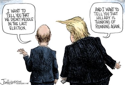 Political cartoon U.S. Trump Putin Helsinki Russia investigation 2016 election Hillary Clinton