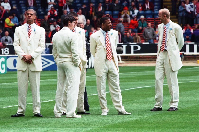 Mark Wright (right) and John Barnes with fellow Liverpool team mates on the pitch at Wembley before the start of the 1996 FA Cup final against Manchester United 11th May 1996. (Photo by Eddie Barford/Mirrorpix/Getty Images)