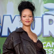 Rihanna wore a brown Saint Laurent Fall 2025 ballgown to the Smurfs premiere in LA