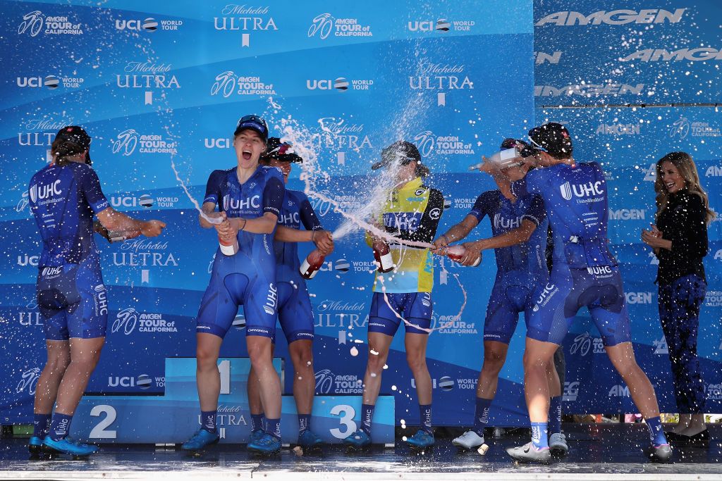 2018 Tour of California Women's Race - Katie Hall celebrates overall victory