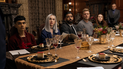 ate Siegel as Camille L'Espanaye, Rahul Kohli as Napoleon Usher, Matt Biedel as Bill-T Wilson, Samantha Sloyan as Tamerlane Usher in episode 101 of The Fall of the House of Usher