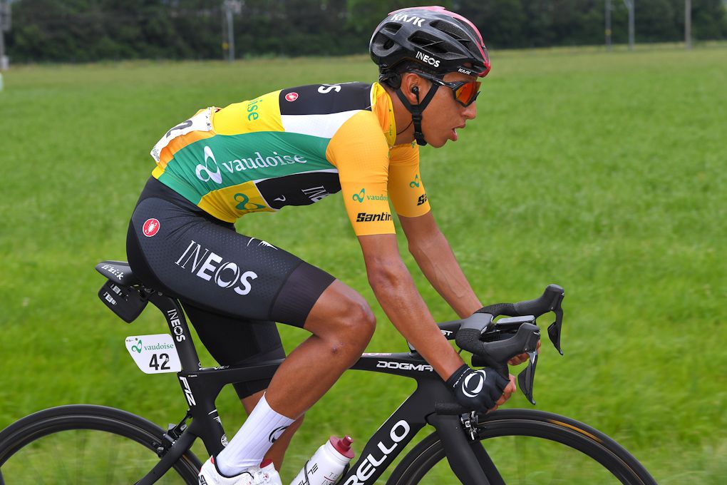 Egan Bernal in yellow during stage 7 at Tour de Suisse