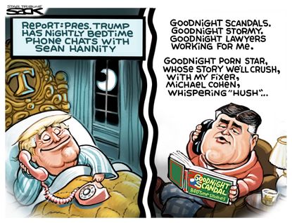 Political cartoon U.S. Trump Hannity phone calls scandals Michael Cohen Stormy Daniels