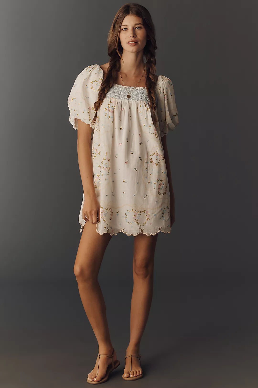 Anthropologie, Embroidered Puff-Sleeve Babydoll Dress
