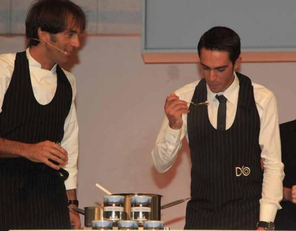 Last year he descended onto the stage in cage. Things have moved on since then and now Contador can show off his cooking skills