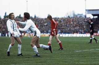 Allan Simonsen (left) and Jupp Heynckes celebrate a goal for Borussia Monchengladbach against FC Twente in the 1975 UEFA Cup final second leg.