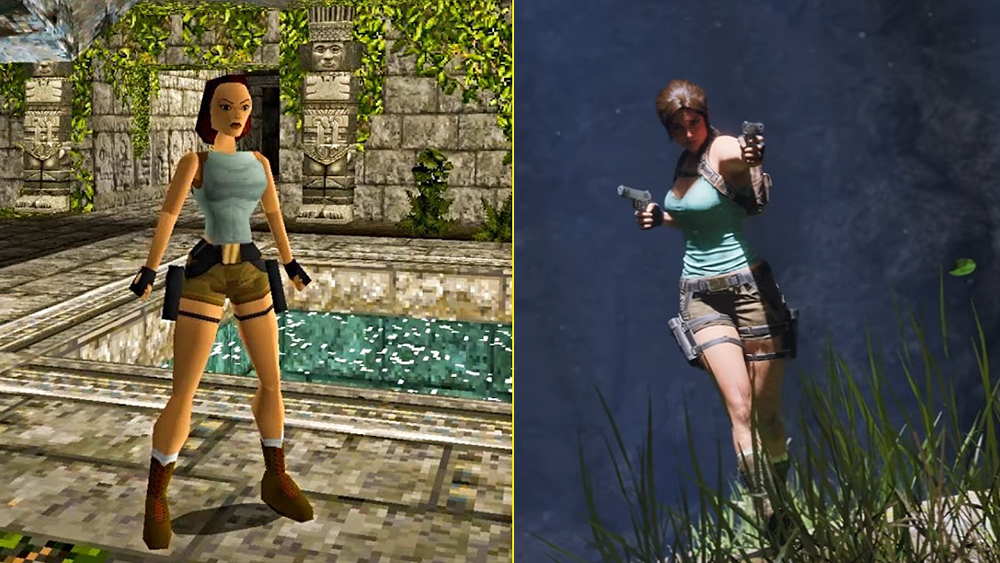 Tomb Raider original and remake graphics comparison showing old Lara Croft and new Lara Croft side by side