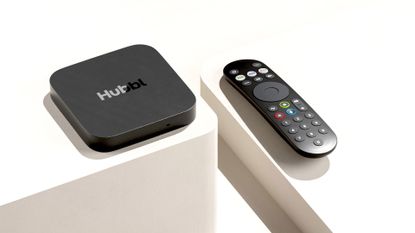 The Hubbl puck and remote control on plinths.