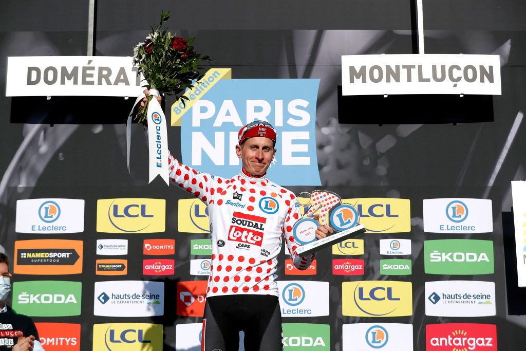 MONTLUCON FRANCE MARCH 09 Matthew Holmes of United Kingdom and Team Lotto Soudal celebrates at podium as Polka Dot Mountain Jersey winner during 80th Paris Nice 2022 Stage 4 a 134km individual time trial from Domrat to Montluon ParisNice WorldTour on March 09 2022 in Montlucon France Photo by Bas CzerwinskiGetty Images