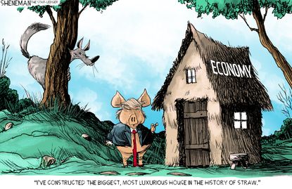 Political Cartoon Pig Trump Built Straw House U.S. Economy