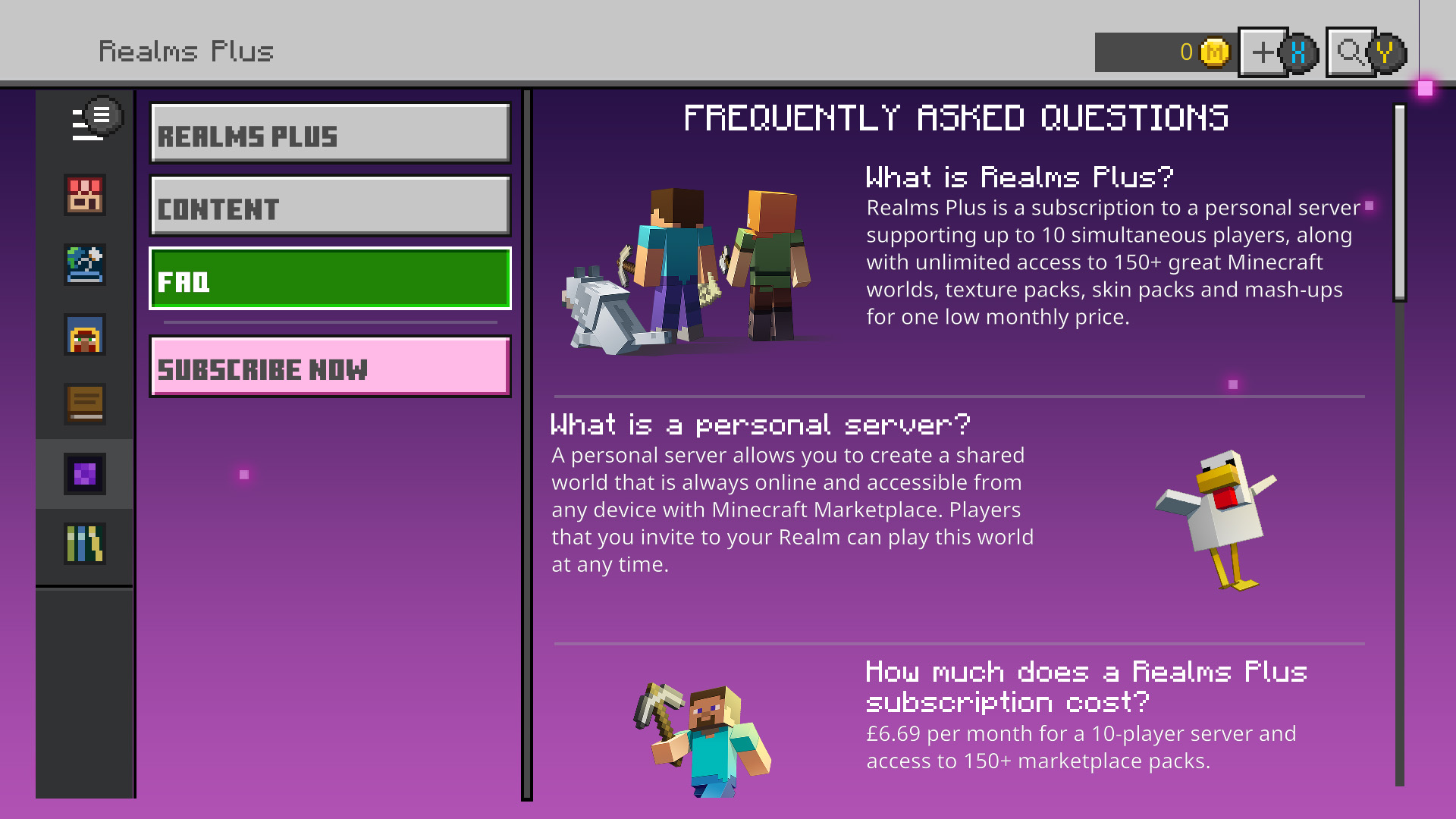 Page de FAQ sur Minecraft Realms