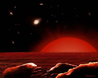 Artist's conception of the view of a hypothetical planet around a distant red giant star. Our sun is expected to swell in a few billion years to first fry Earth and then engulf it.
