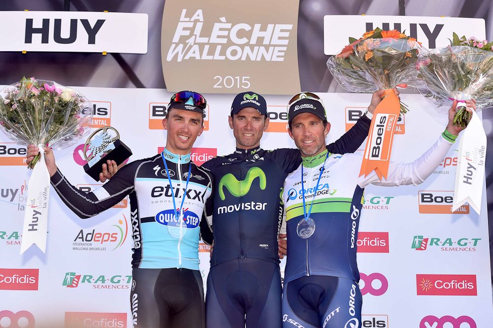 Julien Alaphilippe, Alejandro Valverde and Michael Albasani on the podium.