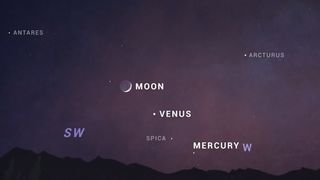 This sky map shows where Northern Hemisphere skywatchers can spot the moon with Venus, Mercury and Spica on Sept. 10, 2021.