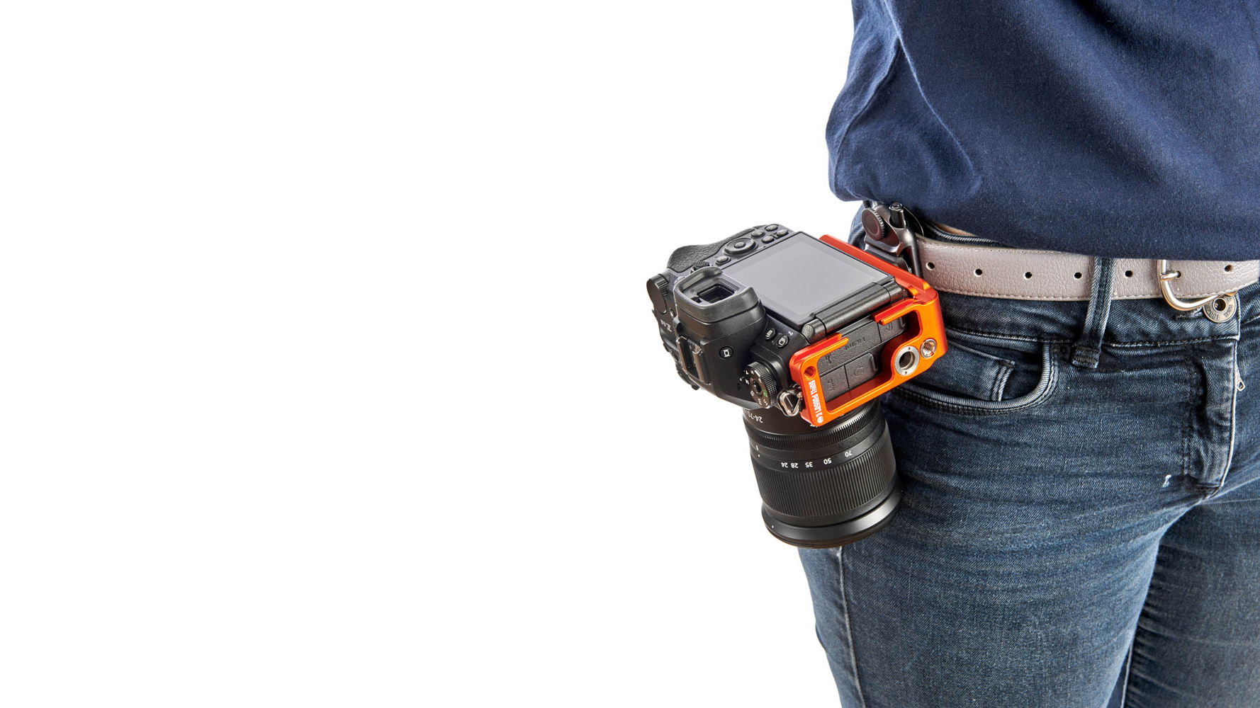3 Legged Thing Zadie QD in Copper colorway attached to Nikon Z6 III camera worn on belt