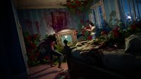 Jessica Park, protagonist of the Florist, shoots a flower zombie with a pistol in a living room overgrown with creepers.