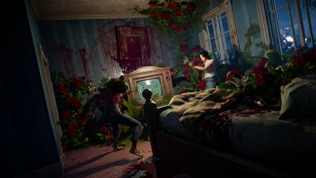 Jessica Park, protagonist of the Florist, shoots a flower zombie with a pistol in a living room overgrown with creepers.