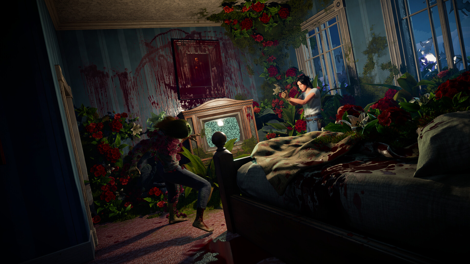 Jessica Park, protagonist of the Florist, shoots a flower zombie with a pistol in a living room overgrown with creepers.