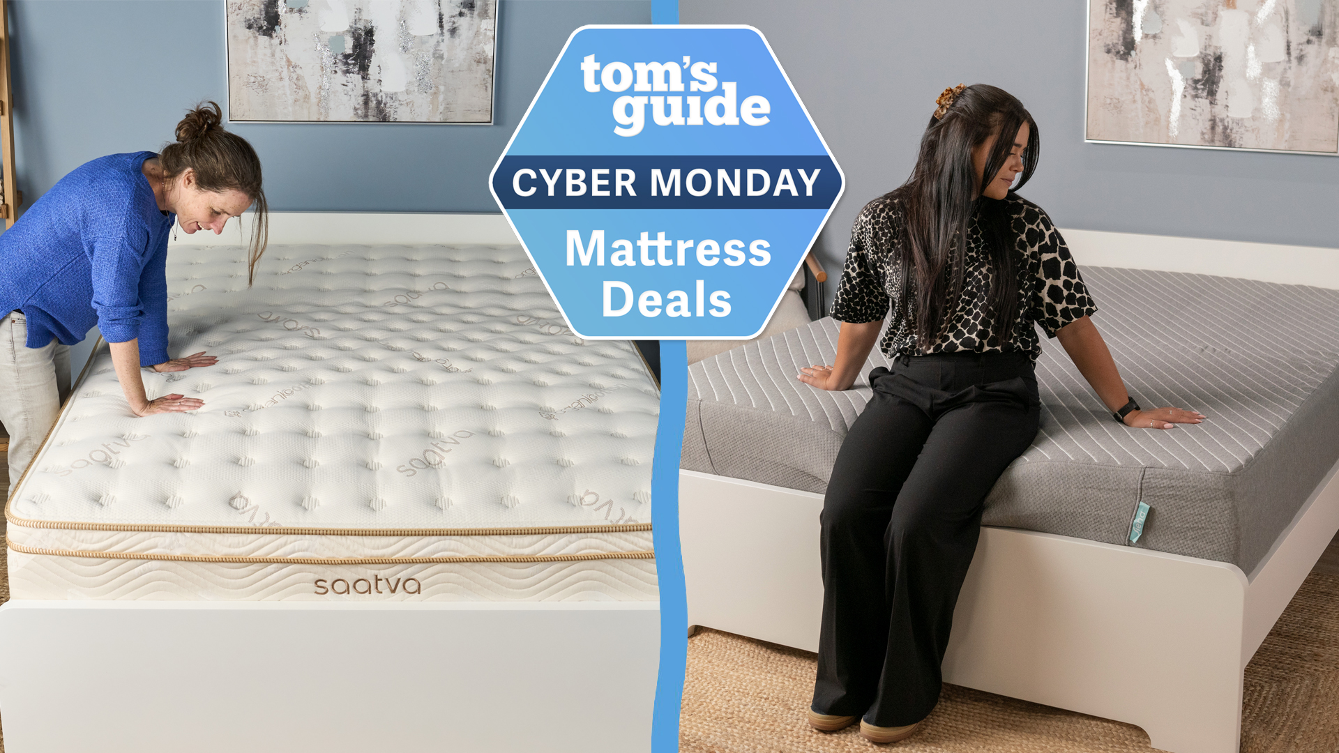 A collage of mattress testing. On the left, expert Julia Sagar presses her hands into the Saatva Classic in our Sleep Lab. On the right, tester Eve Davies sits on the edge of the Siena mattress on our studio. In the middle, a Tom&#039;s Guide Cyber Monday Mattress Deals badge.
