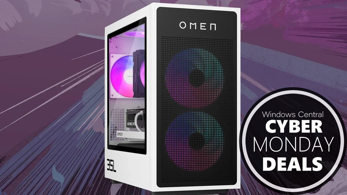 Render of the HP OMEN 35L Gaming Desktop PC on a purple background, with the &quot;Windows Central Cyber Monday Deals&quot; badge in the corner.