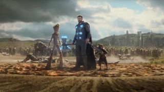 Thor, Groot, and Rocket arrive in the battle of Wakanda in Avengers: Infinity War