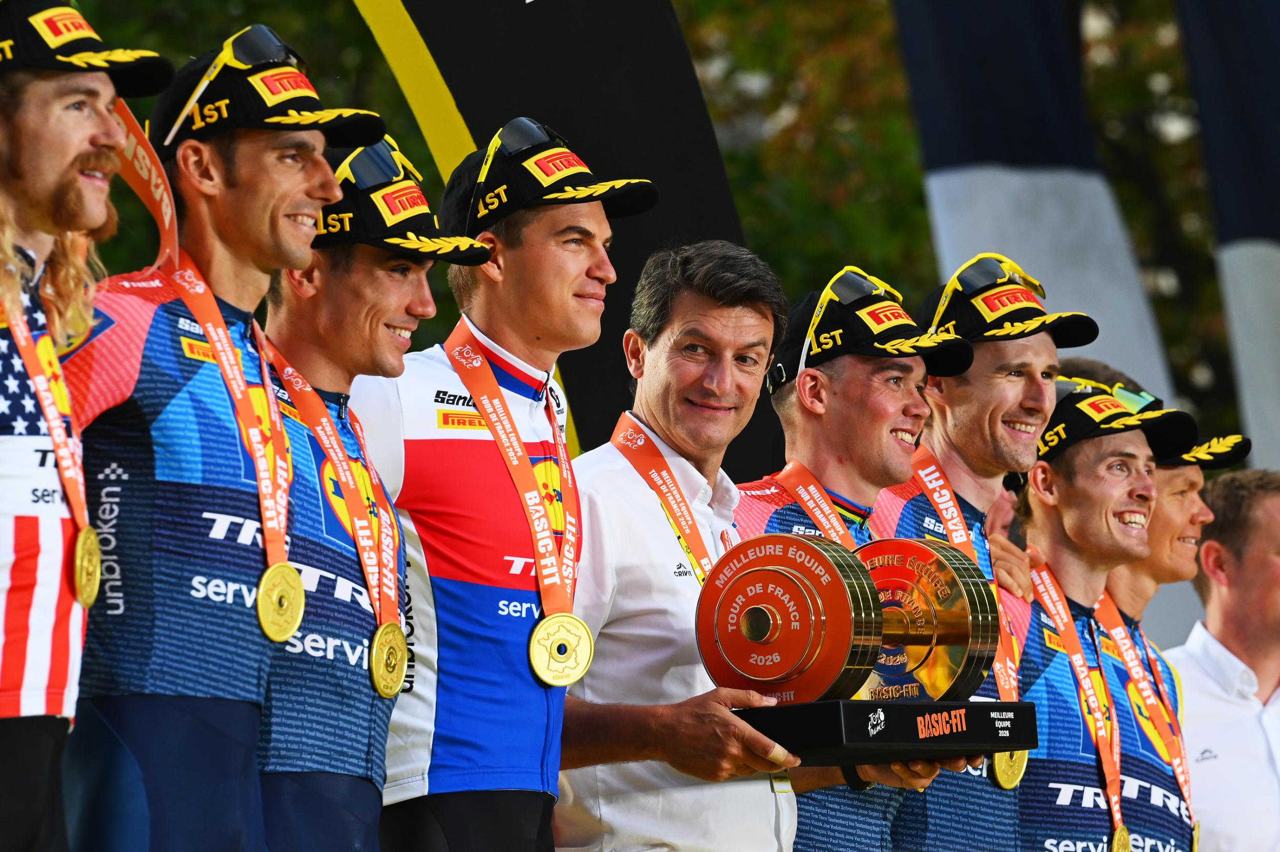 Lidl-Trek on the podium in Paris after the final stage of the 2026 Tour de France