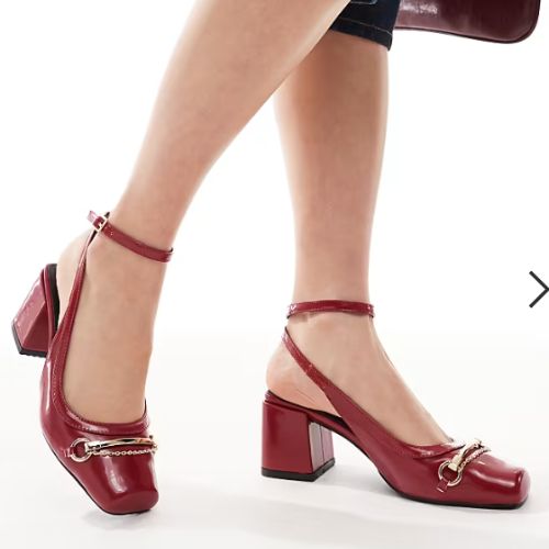 RAID Aiza ballet low block heel shoes with gold buckles in red patent