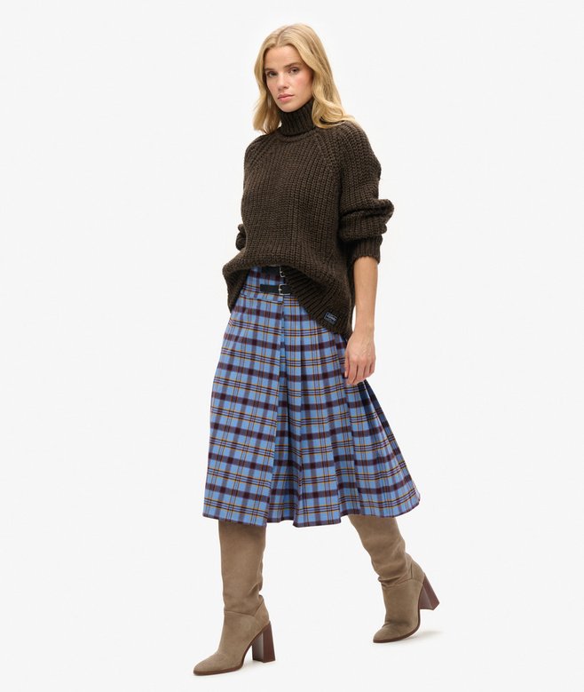 Check Pleated Midi Skirt