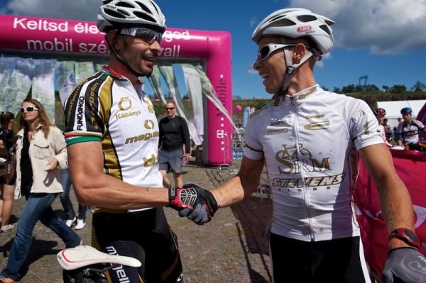 Two racers congratulate each other after the finish
