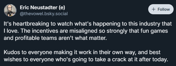 Eric Neustadter posts about "heartbreaking" Microsoft layoffs on Bluesky.