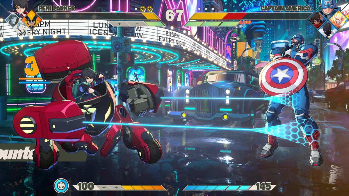 Gameplay of Marvel Tōkon, showing Peni Parker attacking Captain America with webs.