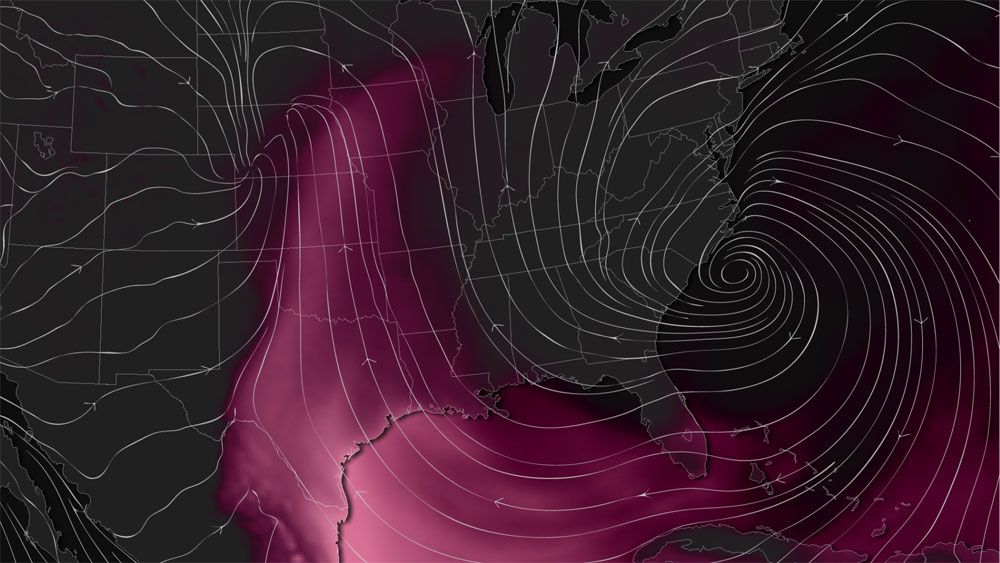 A weather model highlights the areas (seen in pink) where conditions will be most favorable for developing thunderstorms.