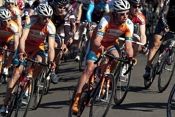 Nic Sanderson leads Genesys Wealth Advisers teammate and eventual stage winner Steele Von Hoff around a bend.