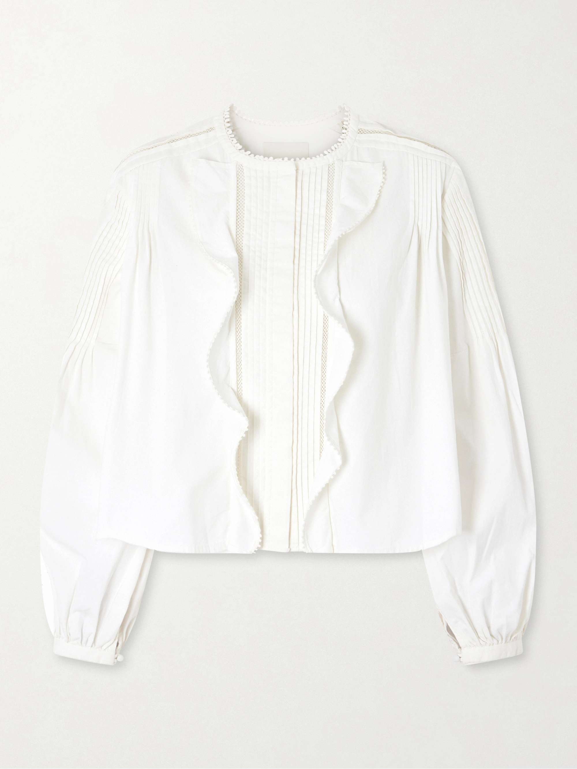 Cubraly Lace-Trimmed Ruffled Pintucked Cotton-Poplin Blouse