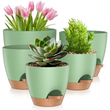 5 Pack Self Watering Plant Pots, Plastic Planters With Drainage Holes and Saucers, Flower Pots for Indoor Outdoor Garden Plants, 7/6.5/6/5.5/5 Inch&amp;#65288;green&amp;#65289;