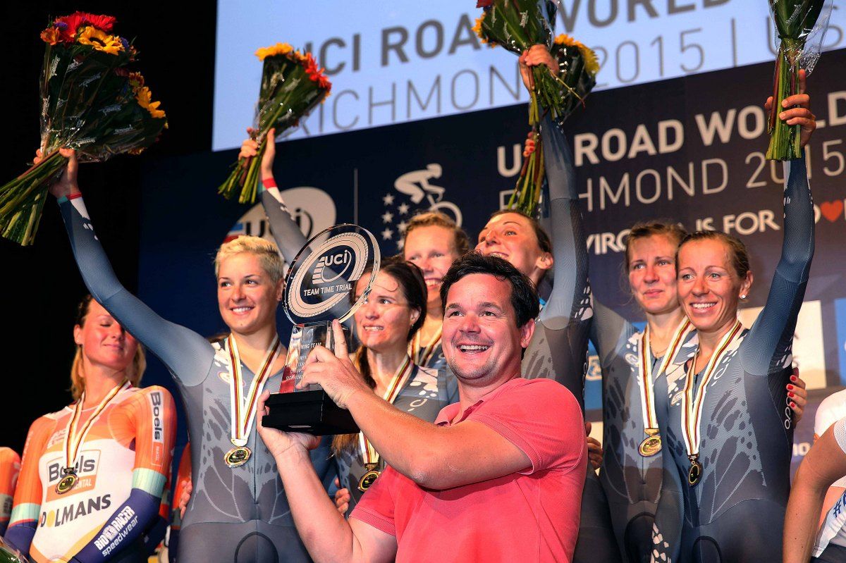 Ronny Lauke with the winners trophy and the Velocio-SRAM riders