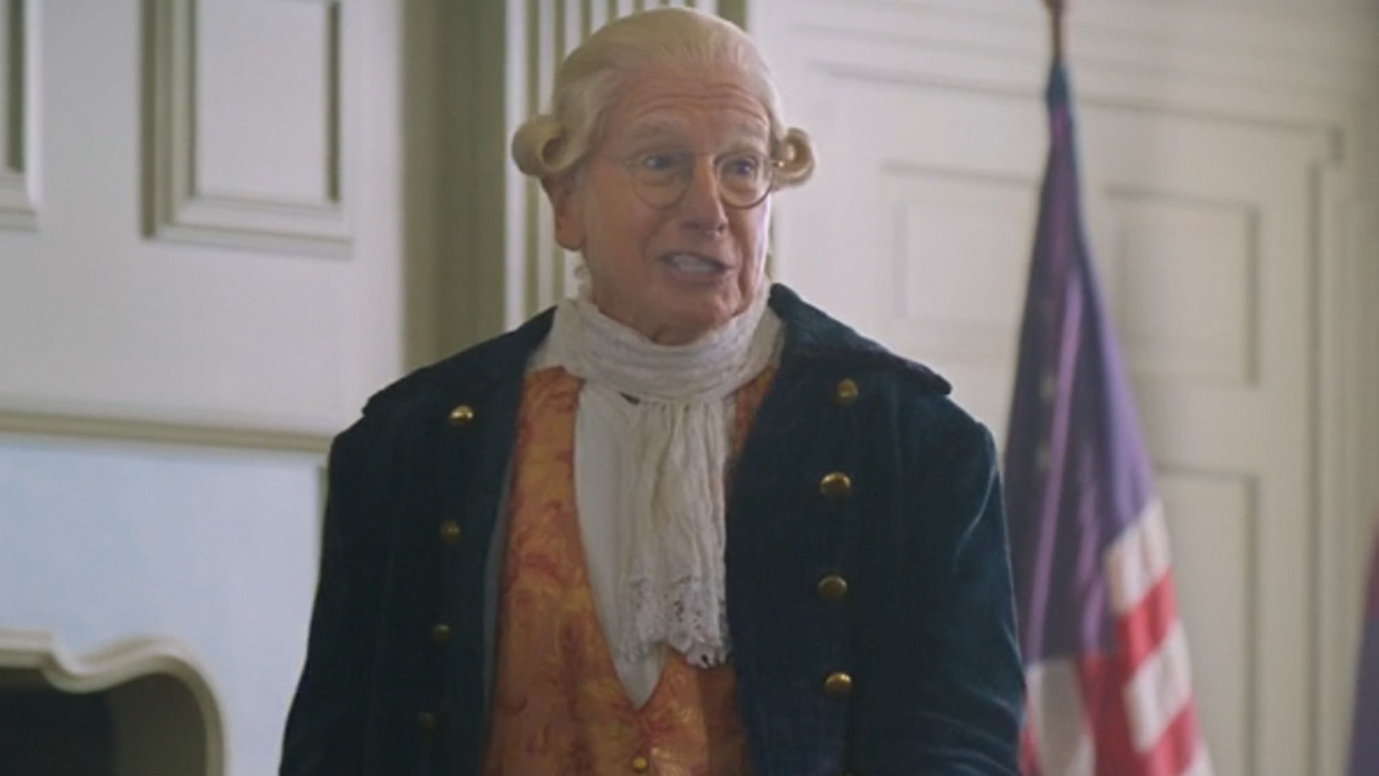 Larry David in colonial-times clothing in Life, Larrym and the Pursuit of Unhappiness.