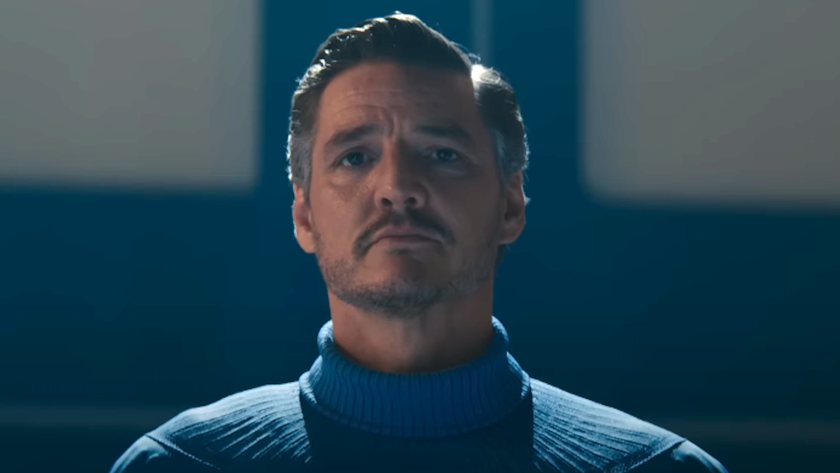 Pedro Pascal as Mr. Fantastic standing solemnly in The Fantastic Four: First Steps