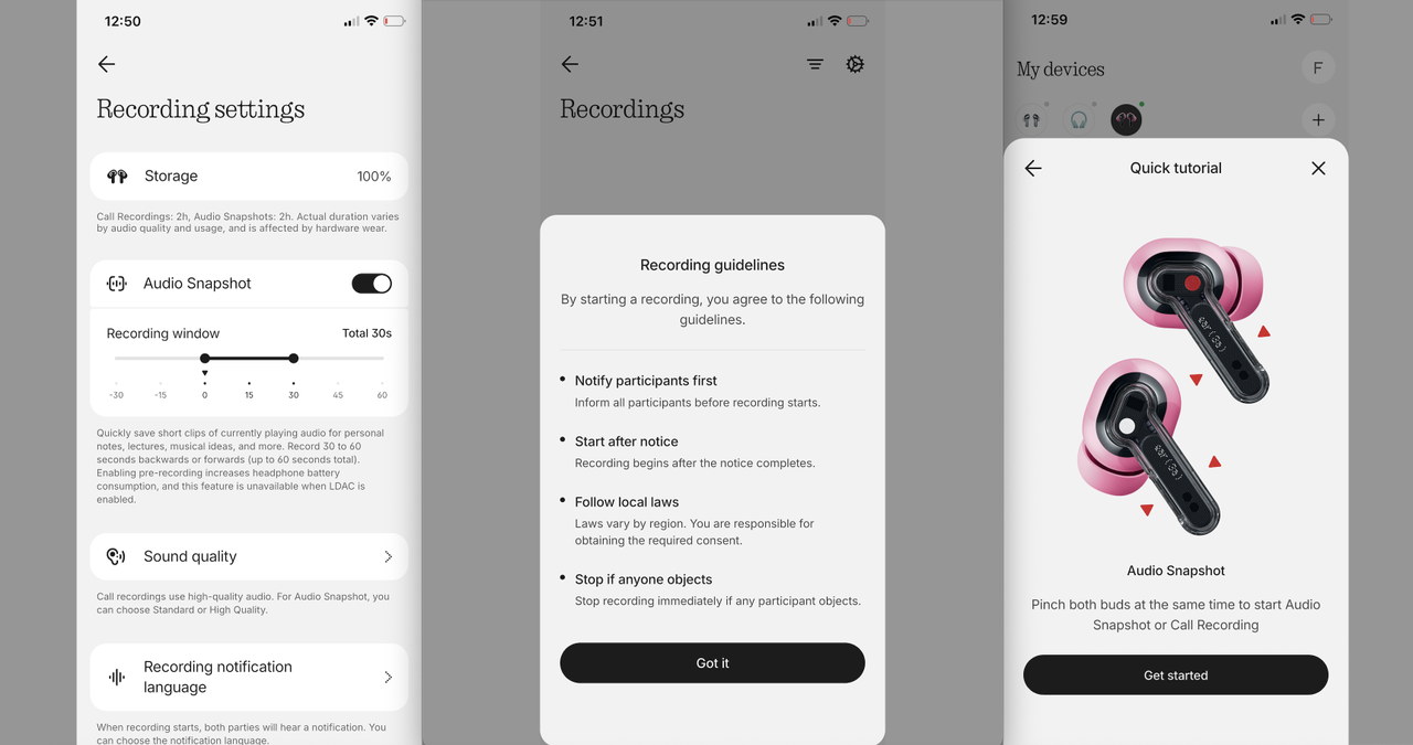 Three screen grabs from Nothing's X app, pertaining to the new Audio Snapshot feature in Nothing Ear (3a)
