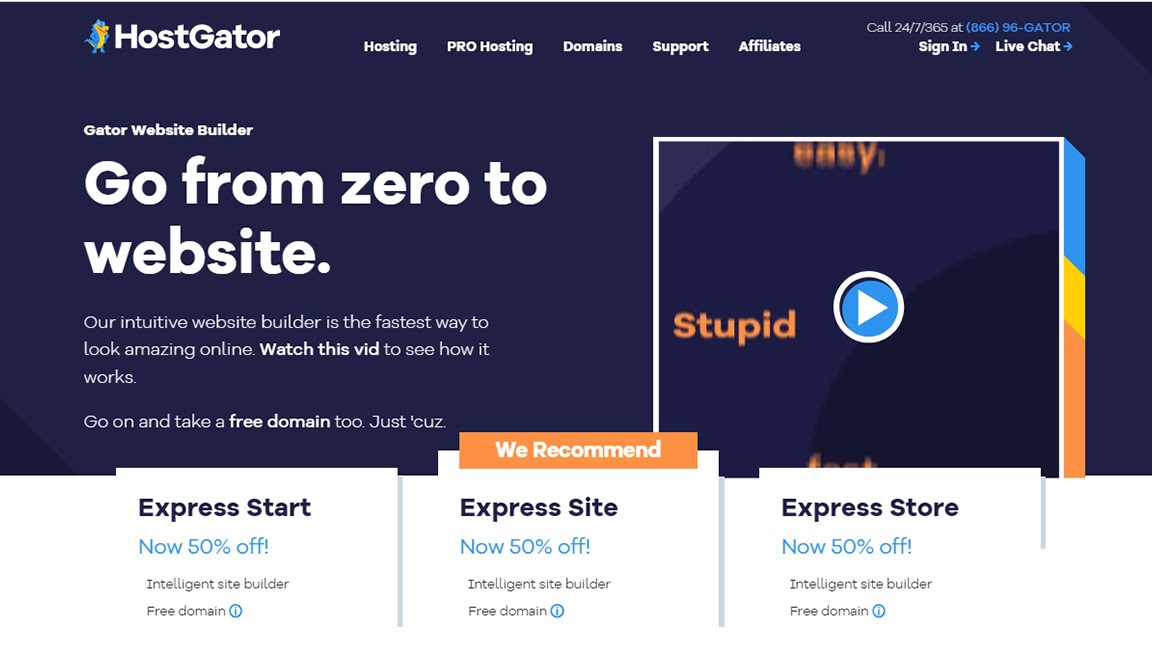 HostGator's Gator Builder's homepage