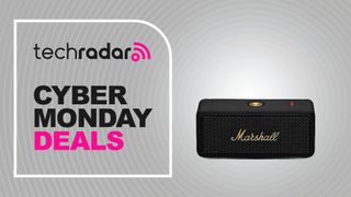 Marshall Emberton 2 on gray background with the words 'TechRadar: Cyber Monday deals' positioned on the left side of the image