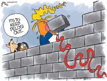 Political cartoon U.S. Trump build a wall to keep Nancy Pelosi out