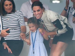 COWES, ENGLAND - AUGUST 08: Carole Middleton, Princess Charlotte and Catherine, Duchess of Cambridge attend the presentation following the King's Cup Regatta on August 08, 2019 in Cowes, England. (Photo by Samir Hussein/WireImage)