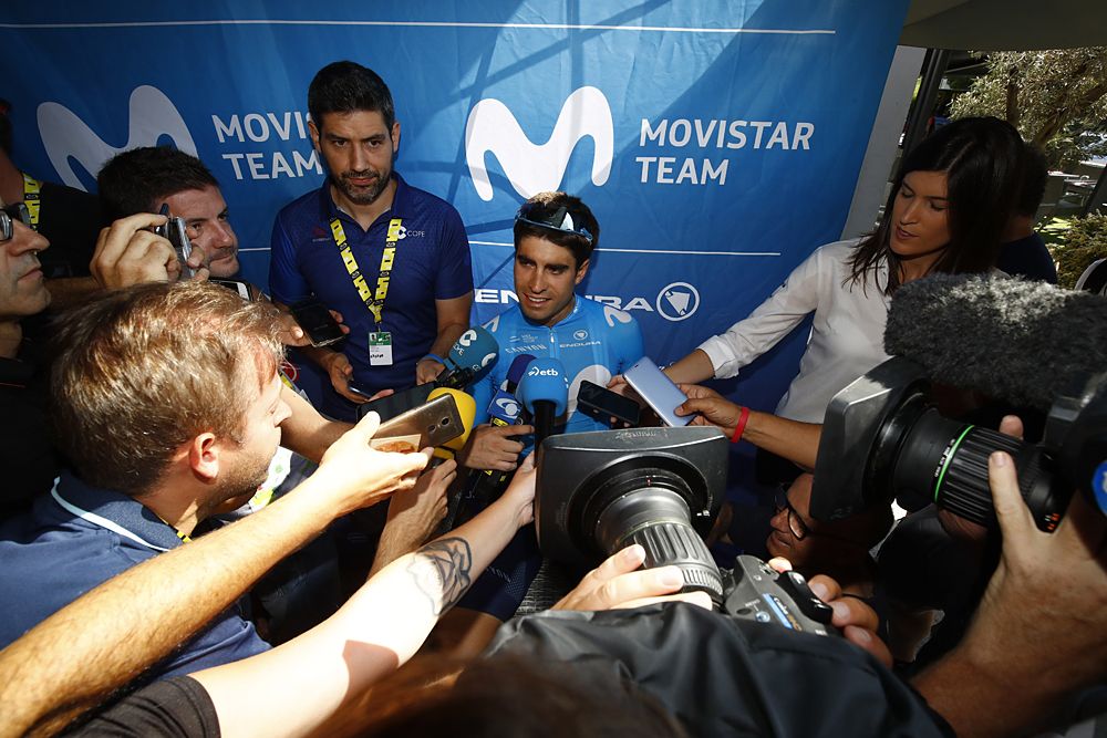 Mikel Landa (Movistar) talks to the press on the second rest day at the Tour de France