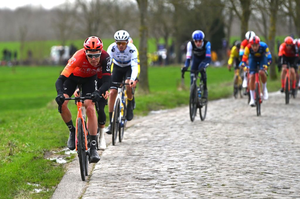 NINOVE BELGIUM FEBRUARY 24 Luke Rowe of Great Britain and Team INEOS Grenadiers leads the breakaway in the breakaway during the 79th Omloop Het Nieuwsblad 2024 Mens Elite a 2022km one day race from Ghent to Ninove UCIWT on February 24 2024 in Ninove Belgium Photo by Luc ClaessenGetty Images