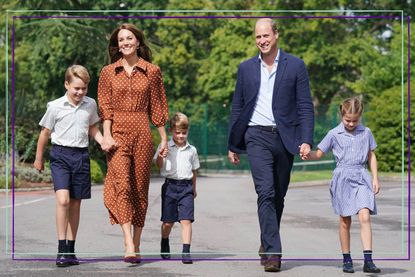 Prince George, Princess Charlotte and Prince Louis (C), accompanied by their parents the Prince William, Duke of Cambridge and Catherine, Duchess of Cambridge, arrive for a settling in afternoon at Lambrook School, near Ascot on September 7, 2022