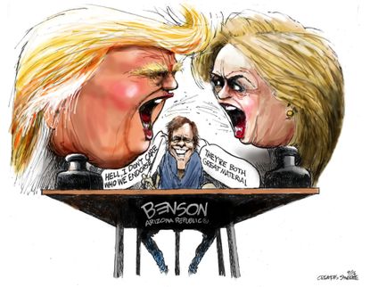 Political cartoon U.S. 2016 election Donald Trump Hillary Clinton Arizona Republic endorsement