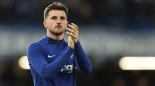 Mason Mount of Chelsea applauds the fans at full-time of the Premier League match between Chelsea and Aston Villa at Stamford Bridge on April 1, 2023 in London, United Kingdom.