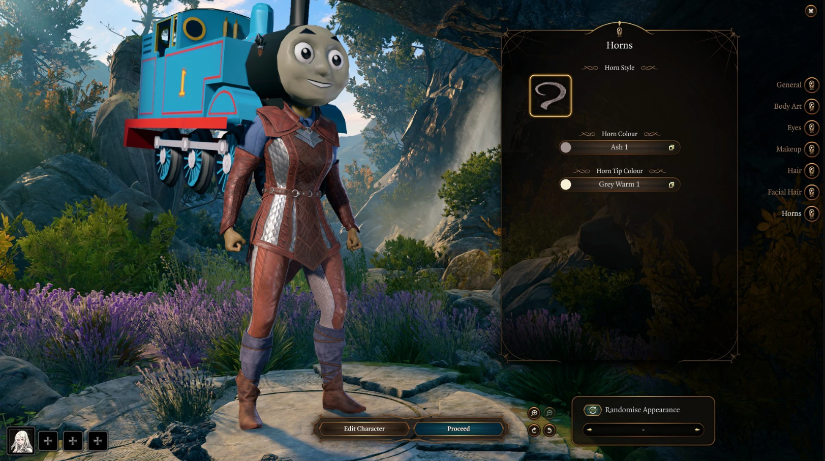 Thomas the Tank Engine stands proudly in Baldur's Gate 3's character select screen.