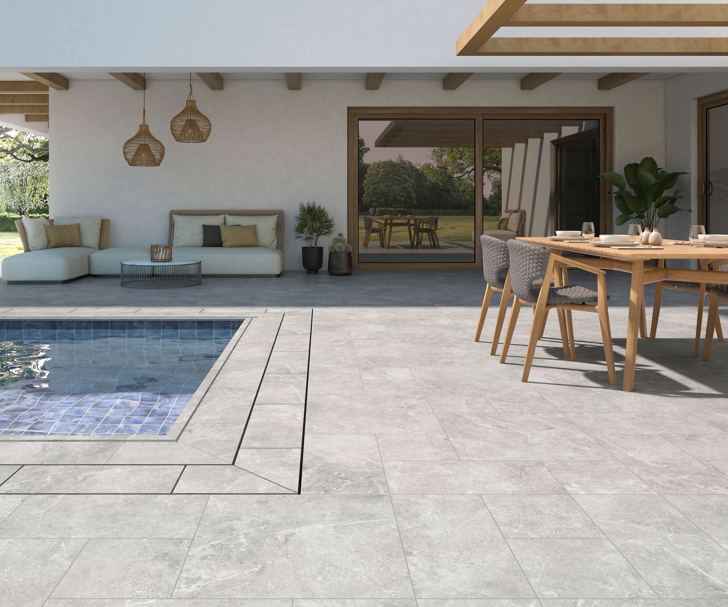 swimming pool and patio surround, with outdoor dining set, garden sofas and accessories